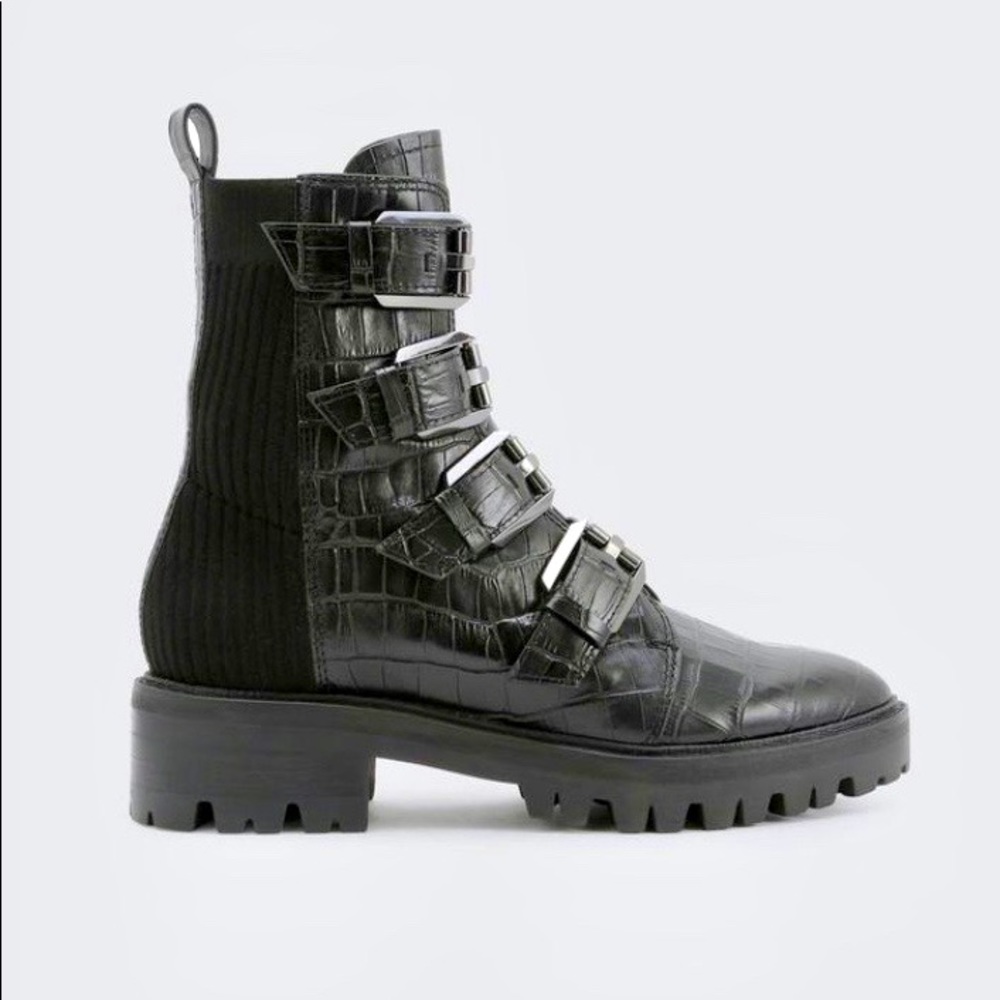 Black croc print moto boots